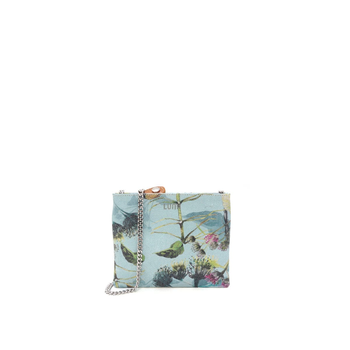 LUMI Laura Envelope Clutch featuring an unique floral pattern printed on leather, created by Finnish artist and illustrator Jenni Ritamäki, in collaboration with LUMI.