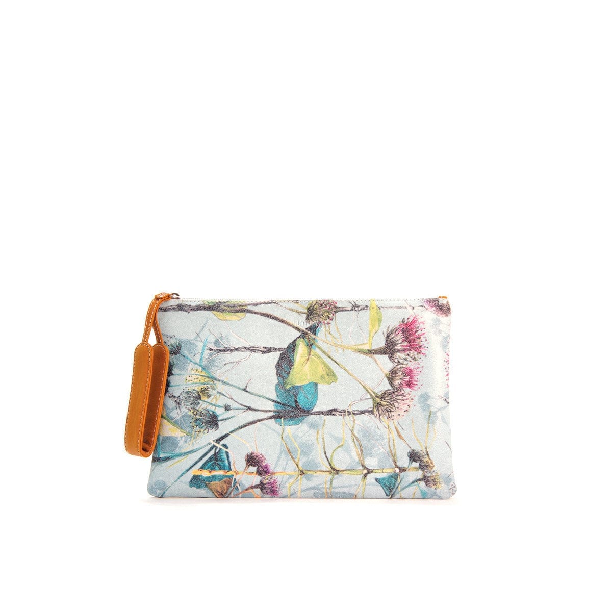 LUMI Ursula Large Clutch featuring an unique floral pattern printed on leather, created by Finnish artist and illustrator Jenni Ritamäki, in collaboration with LUMI.