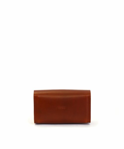 LUMI Kukka Evening Pouch, in cognac, is created using natural vegetable tanned cow leather