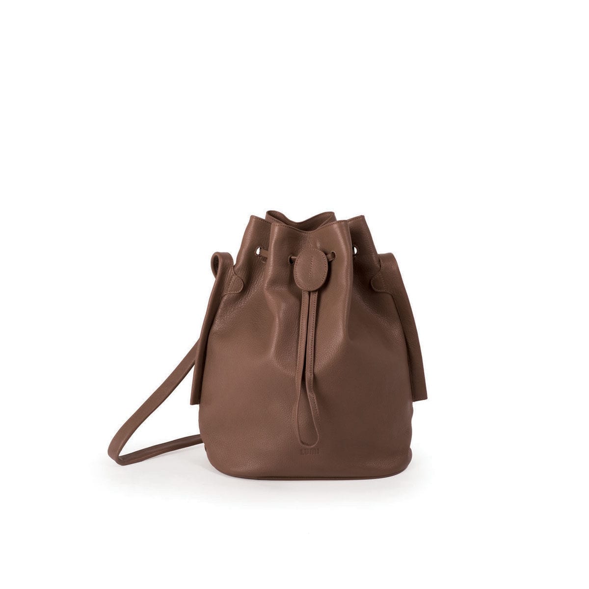 LUMI Verna Large Bucket Bag, in taupe, is made of vegetable tanned goat leather. Chemical free dyeing.