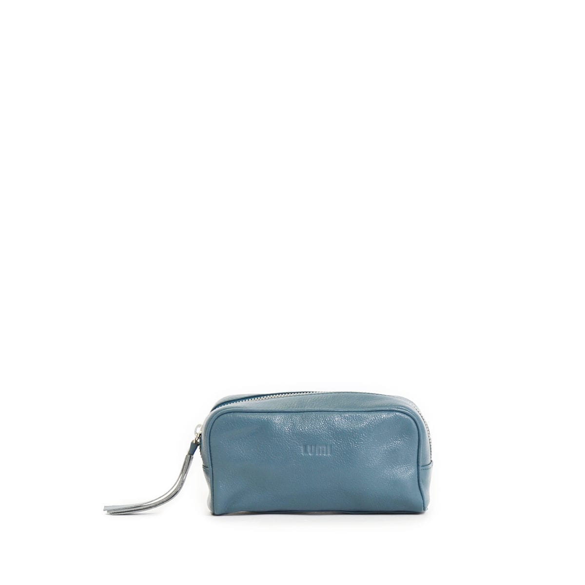 LUMI Andrea Cosmetic Bag, in petrol, is made of vegetable tanned goat leather.