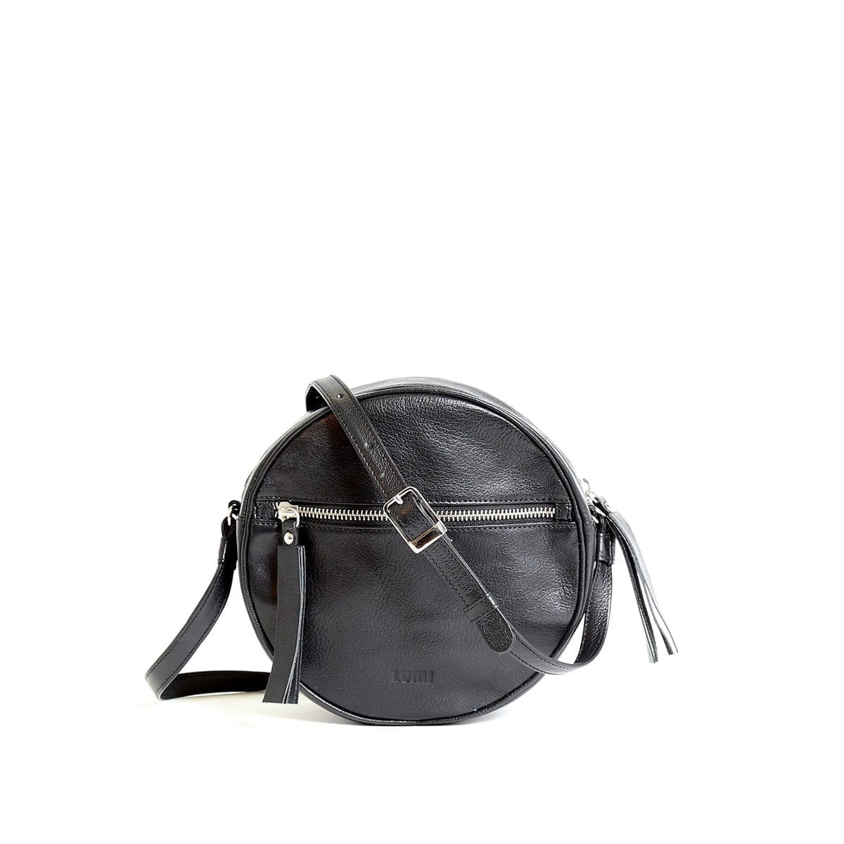 LUMI Lila Round Bag, in black, is made of vegetable tanned goat leather.
